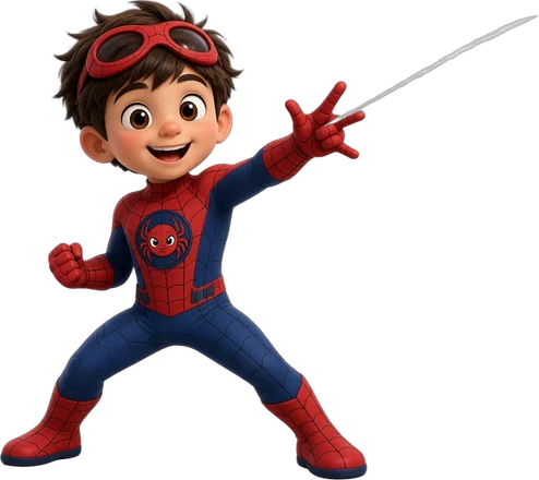 Niño superhéroe con traje rojo y azul lanzando una telaraña