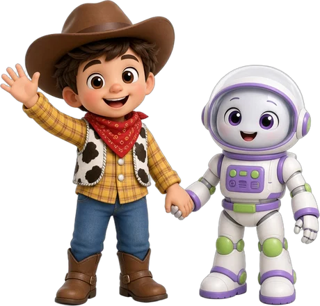 Niño vaquero de la mano de su amigo astronauta de juguete