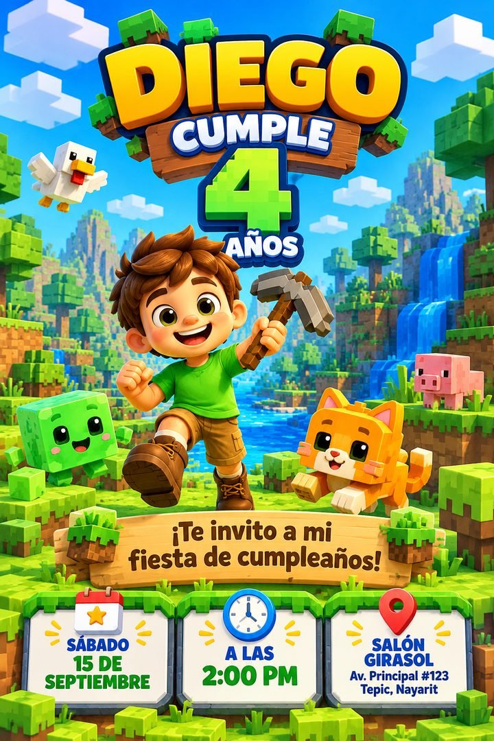 Versión en imagen de la invitación de Diego, temática Videojuegos de bloques: niño con pico en un mundo de cubos