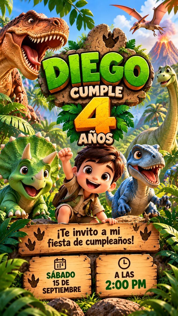 Versión en imagen de la invitación de Diego, temática Dinosaurios