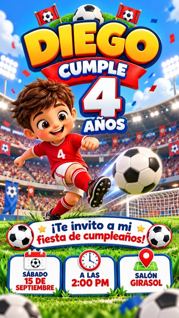 Versión en imagen de la invitación de Diego, temática Fútbol: niño futbolista en un estadio