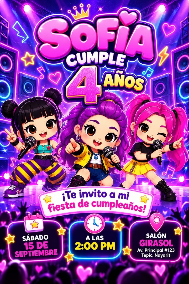 Versión en imagen de la invitación de Sofía, temática Estrella pop: tres cantantes pop en un escenario