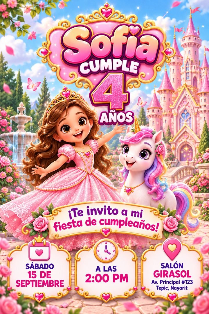 Versión en imagen de la invitación de Sofía, temática Princesas: princesa con unicornio frente a un castillo