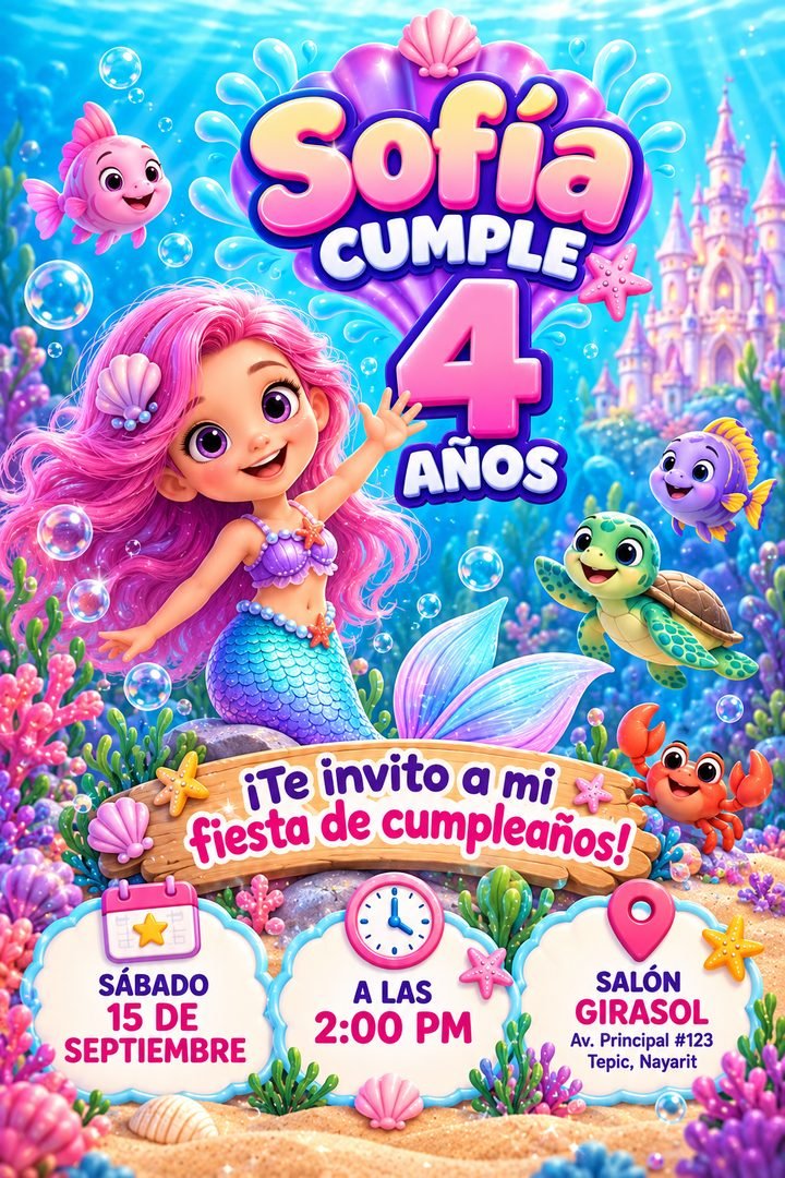 Versión en imagen de la invitación de Sofía, temática Sirenas: niña sirena bajo el mar