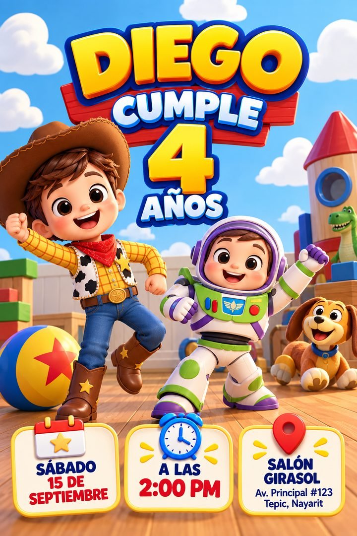 Versión en imagen de la invitación de Diego, temática Vaqueros y juguetes: niño vaquero y guardián espacial de juguete