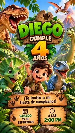 Invitación de Diego, temática Dinosaurios