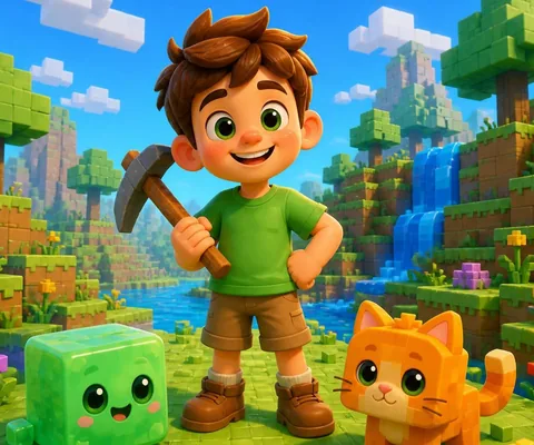 Niño con pico en un mundo de bloques con sus mascotas cubo