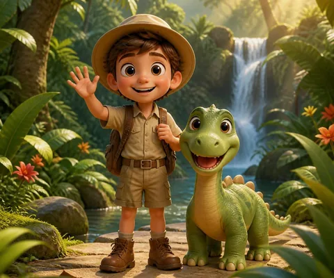 Niño explorador con traje de safari junto a un bebé dinosaurio en la selva