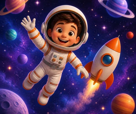 Niño astronauta flotando junto a un cohete y planetas