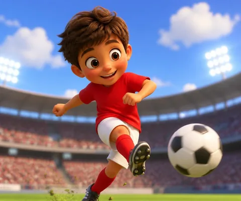 Niño futbolista pateando el balón en un estadio