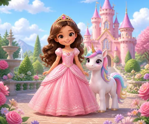 Niña princesa con vestido rosa y tiara junto a un unicornio frente a un castillo