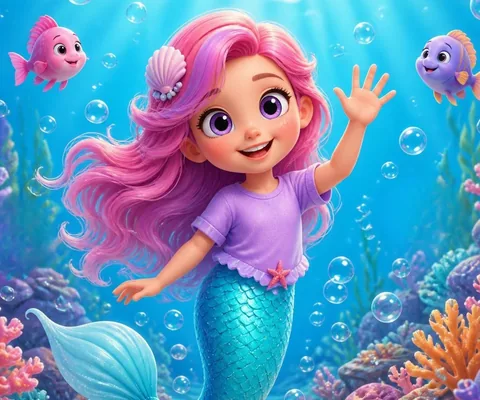 Niña sirena con cola turquesa bajo el mar
